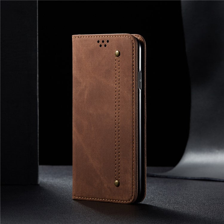 Anti-Drop Shockproof Flip Phone Cover Jeans Cloth Texture Wallet Stand Leather Case for Motorola Moto G30 - Coffee