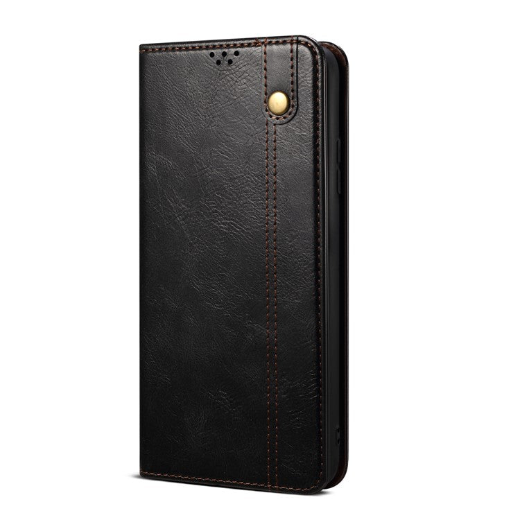 Wallet Stand Waxy Crazy Horse Texture Magnetic Auto-absorbed PU Leather Phone Case Cover for Motorola Moto G30 - Black