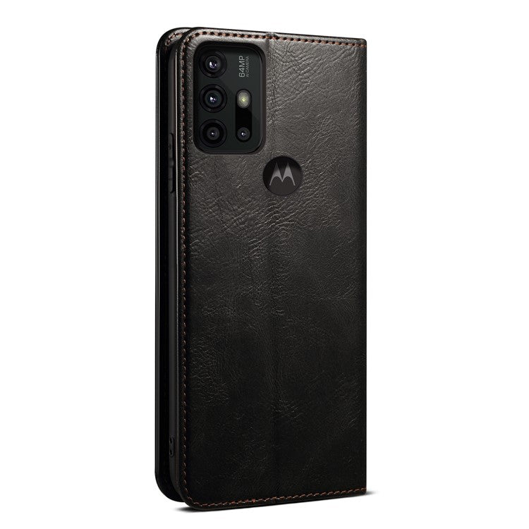 Wallet Stand Waxy Crazy Horse Texture Magnetic Auto-absorbed PU Leather Phone Case Cover for Motorola Moto G30 - Black