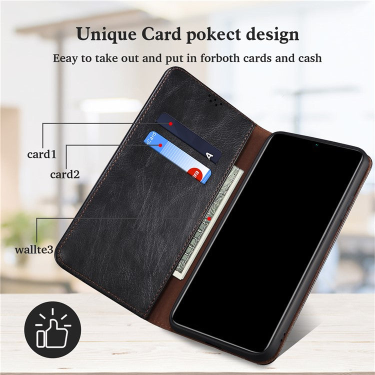 Wallet Stand Waxy Crazy Horse Texture Magnetic Auto-absorbed PU Leather Phone Case Cover for Motorola Moto G30 - Black