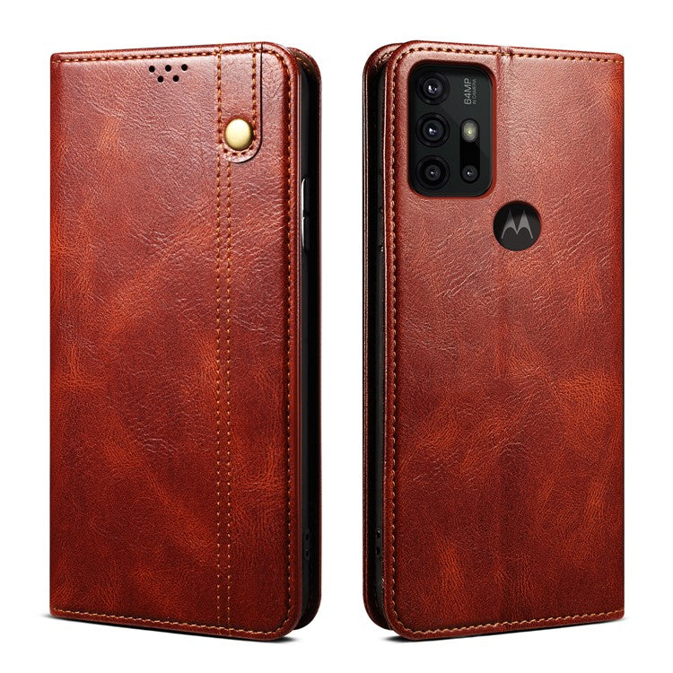 Wallet Stand Waxy Crazy Horse Texture Magnetic Auto-absorbed PU Leather Phone Case Cover for Motorola Moto G30 - Brown