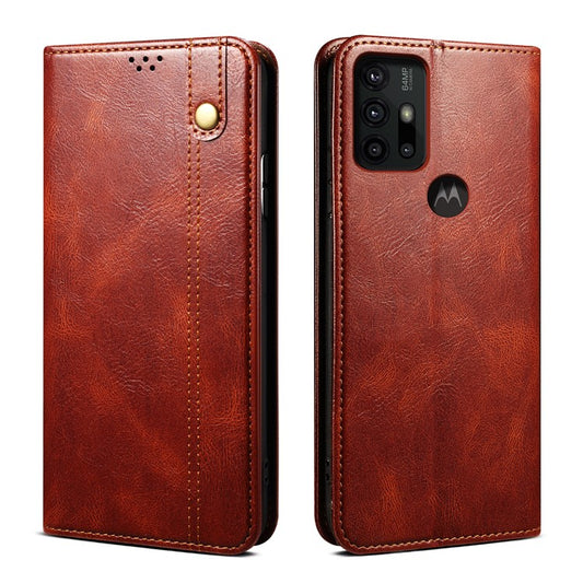 Wallet Stand Waxy Crazy Horse Texture Magnetic Auto-absorbed PU Leather Phone Case Cover for Motorola Moto G30 - Brown