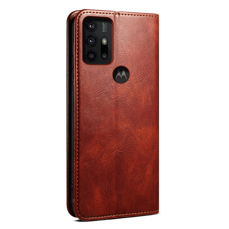 Wallet Stand Waxy Crazy Horse Texture Magnetic Auto-absorbed PU Leather Phone Case Cover for Motorola Moto G30 - Brown