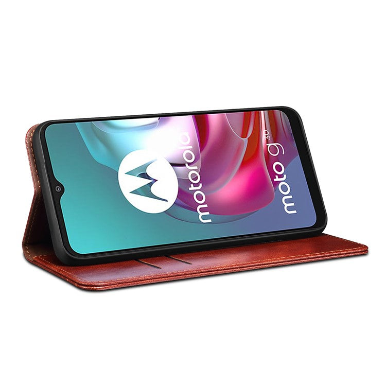 Wallet Stand Waxy Crazy Horse Texture Magnetic Auto-absorbed PU Leather Phone Case Cover for Motorola Moto G30 - Brown