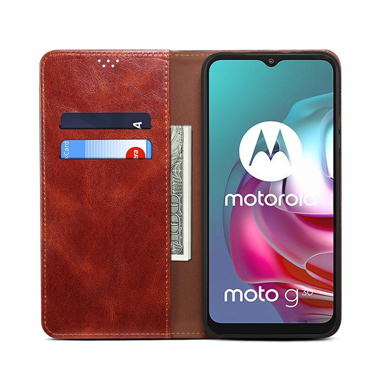 Wallet Stand Waxy Crazy Horse Texture Magnetic Auto-absorbed PU Leather Phone Case Cover for Motorola Moto G30 - Brown