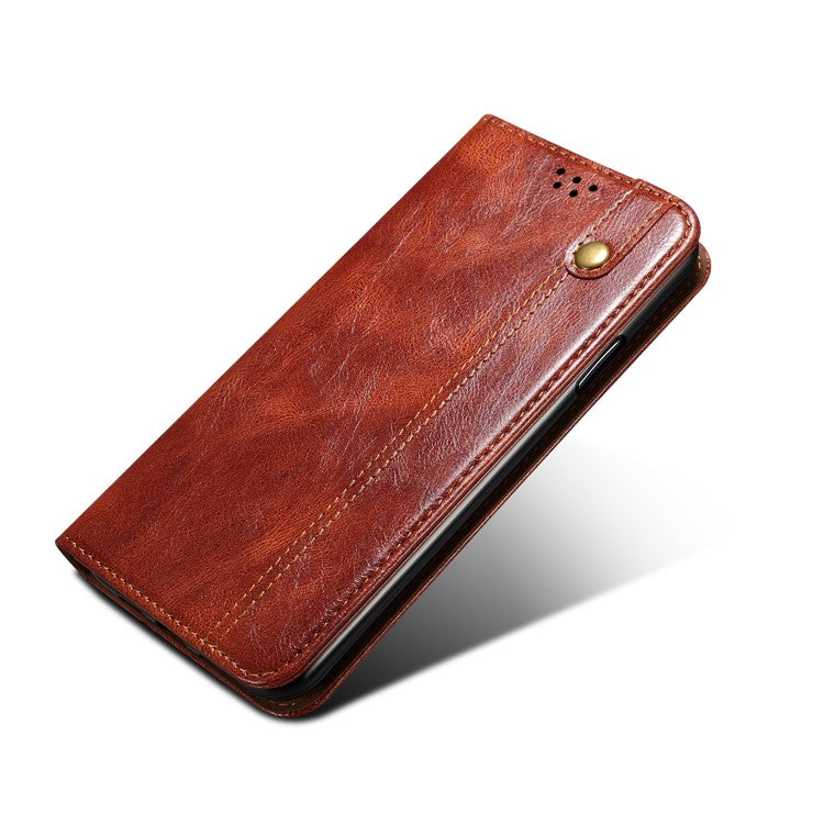 Wallet Stand Waxy Crazy Horse Texture Magnetic Auto-absorbed PU Leather Phone Case Cover for Motorola Moto G30 - Brown