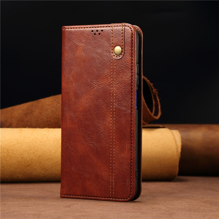 Wallet Stand Waxy Crazy Horse Texture Magnetic Auto-absorbed PU Leather Phone Case Cover for Motorola Moto G30 - Brown