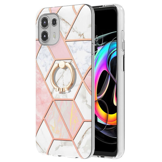 Ring Kickstand Electroplating 2.0mm IMD Soft TPU Marble Pattern Anti-Scratch Protective Cover for Motorola Edge 20 Lite - Pink/White