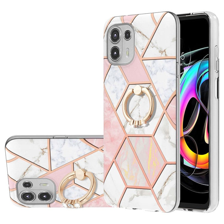 Ring Kickstand Electroplating 2.0mm IMD Soft TPU Marble Pattern Anti-Scratch Protective Cover for Motorola Edge 20 Lite - Pink/White