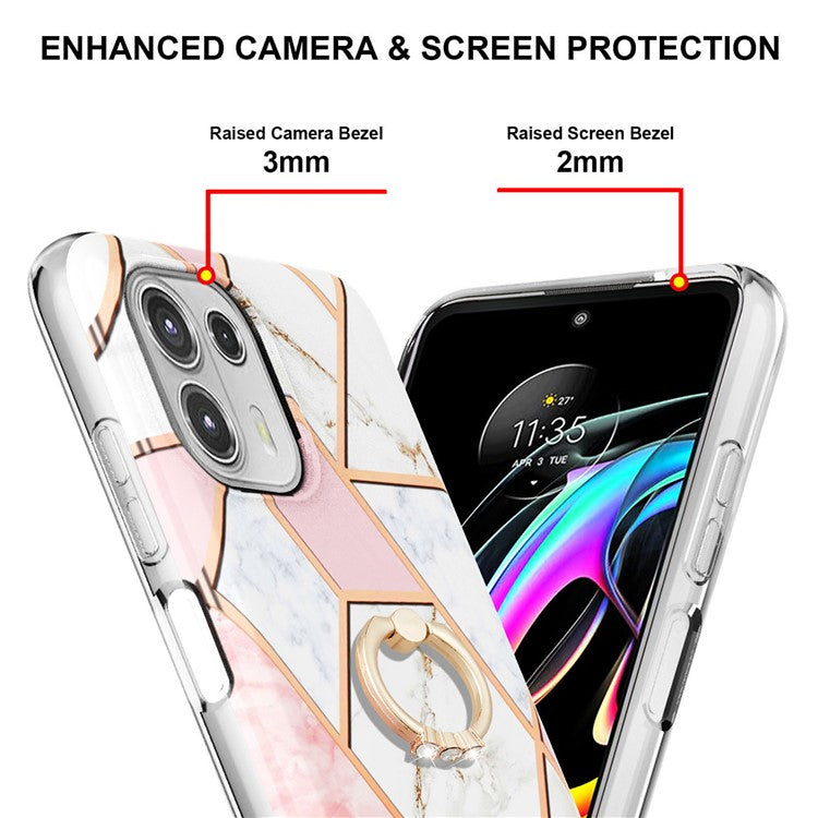 Ring Kickstand Electroplating 2.0mm IMD Soft TPU Marble Pattern Anti-Scratch Protective Cover for Motorola Edge 20 Lite - Pink/White
