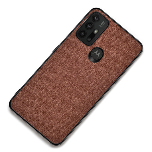 Well-protected Cloth Coated TPU + PC Mobile Phone Hybrid Case Shell for Motorola Moto G30 - Brown