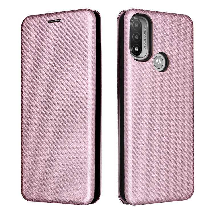 Carbon Fiber Texture PU Leather Card Holder Slot Stand Auto Closing Magnetic Case with Ring Strap for Motorola Moto E20 - Rose Gold