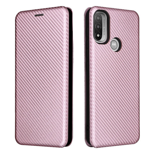 Carbon Fiber Texture PU Leather Card Holder Slot Stand Auto Closing Magnetic Case with Ring Strap for Motorola Moto E20 - Rose Gold