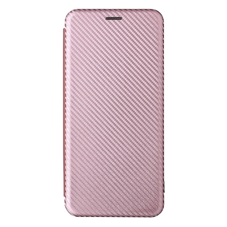 Carbon Fiber Texture PU Leather Card Holder Slot Stand Auto Closing Magnetic Case with Ring Strap for Motorola Moto E20 - Rose Gold
