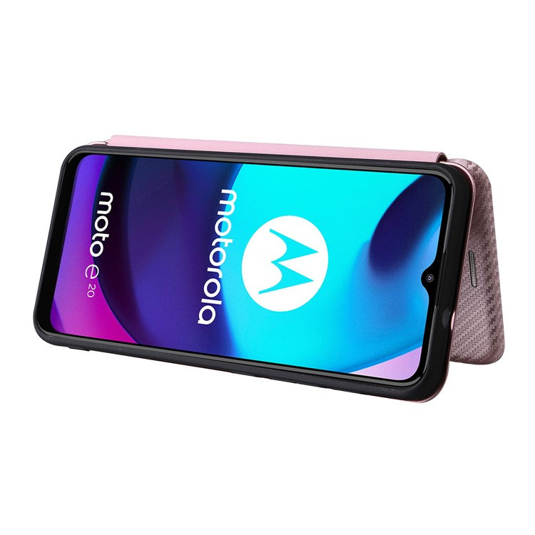 Carbon Fiber Texture PU Leather Card Holder Slot Stand Auto Closing Magnetic Case with Ring Strap for Motorola Moto E20 - Rose Gold