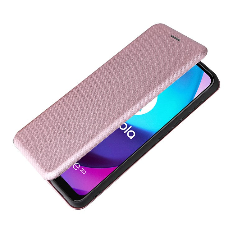 Carbon Fiber Texture PU Leather Card Holder Slot Stand Auto Closing Magnetic Case with Ring Strap for Motorola Moto E20 - Rose Gold