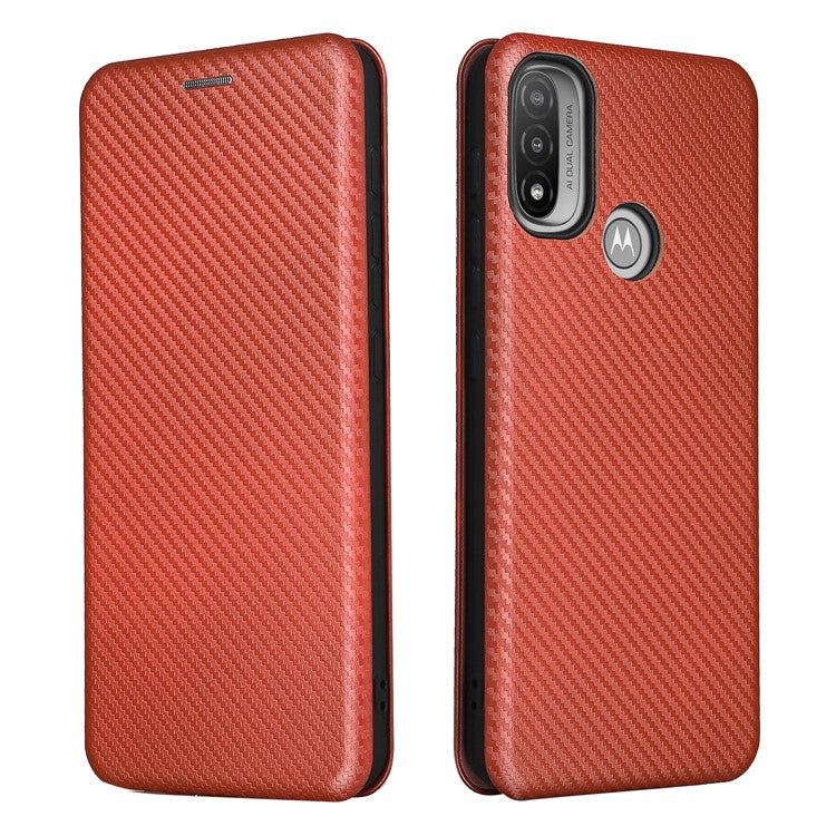 Carbon Fiber Texture PU Leather Card Holder Slot Stand Auto Closing Magnetic Case with Ring Strap for Motorola Moto E20 - Orange