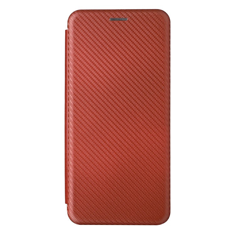 Carbon Fiber Texture PU Leather Card Holder Slot Stand Auto Closing Magnetic Case with Ring Strap for Motorola Moto E20 - Orange