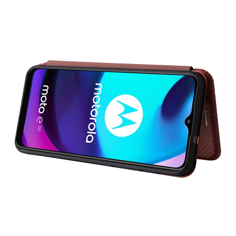 Carbon Fiber Texture PU Leather Card Holder Slot Stand Auto Closing Magnetic Case with Ring Strap for Motorola Moto E20 - Orange