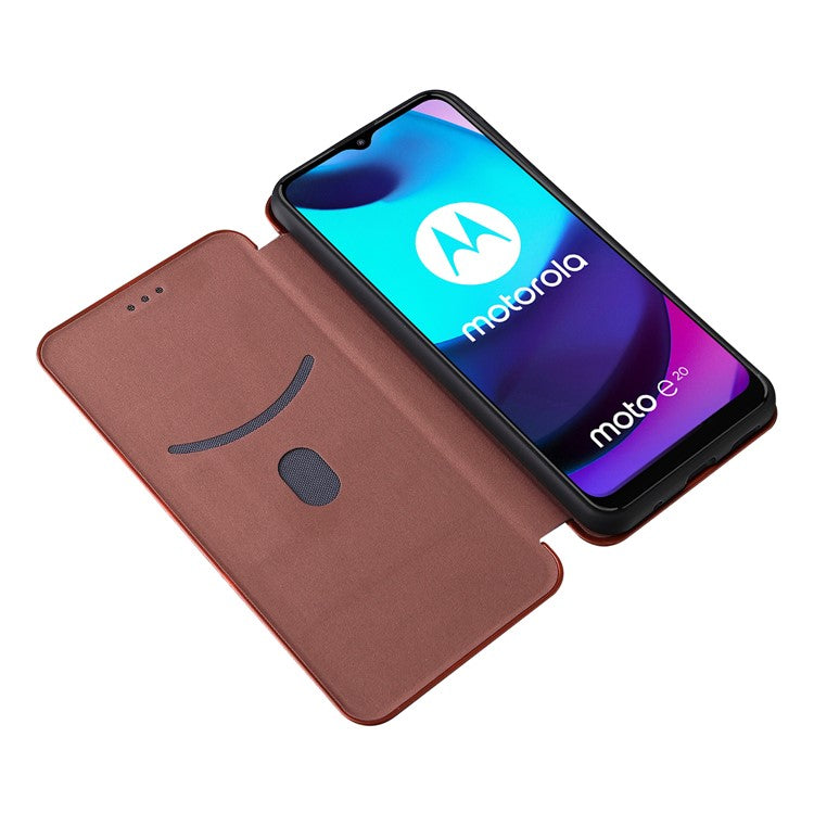 Carbon Fiber Texture PU Leather Card Holder Slot Stand Auto Closing Magnetic Case with Ring Strap for Motorola Moto E20 - Orange
