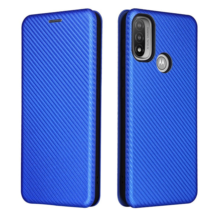 Carbon Fiber Texture PU Leather Card Holder Slot Stand Auto Closing Magnetic Case with Ring Strap for Motorola Moto E20 - Blue