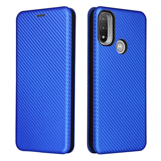 Carbon Fiber Texture PU Leather Card Holder Slot Stand Auto Closing Magnetic Case with Ring Strap for Motorola Moto E20 - Blue
