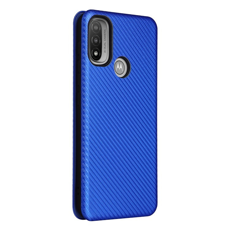 Carbon Fiber Texture PU Leather Card Holder Slot Stand Auto Closing Magnetic Case with Ring Strap for Motorola Moto E20 - Blue
