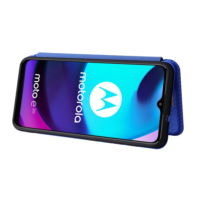 Carbon Fiber Texture PU Leather Card Holder Slot Stand Auto Closing Magnetic Case with Ring Strap for Motorola Moto E20 - Blue