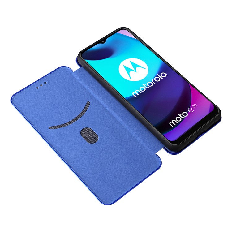 Carbon Fiber Texture PU Leather Card Holder Slot Stand Auto Closing Magnetic Case with Ring Strap for Motorola Moto E20 - Blue
