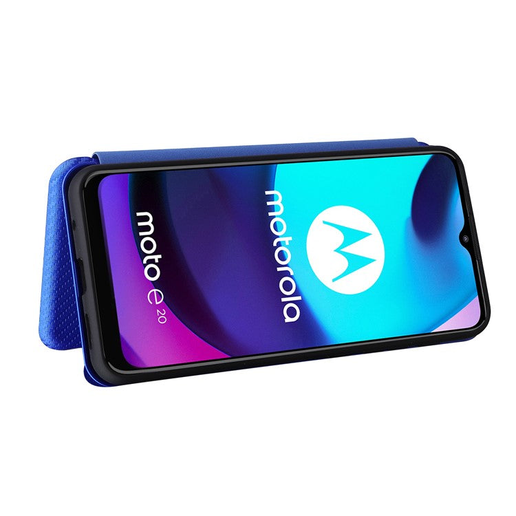 Carbon Fiber Texture PU Leather Card Holder Slot Stand Auto Closing Magnetic Case with Ring Strap for Motorola Moto E20 - Blue