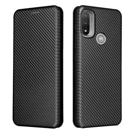 Carbon Fiber Texture PU Leather Card Holder Slot Stand Auto Closing Magnetic Case with Ring Strap for Motorola Moto E20 - Black