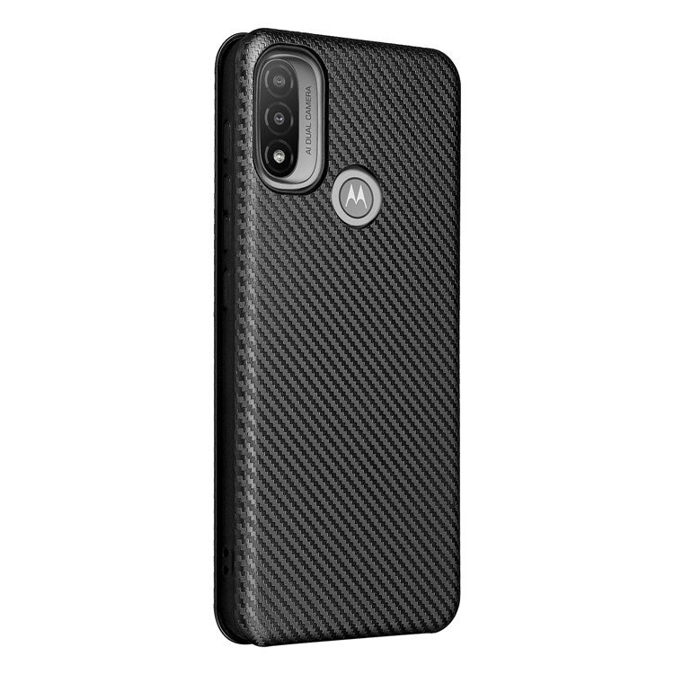 Carbon Fiber Texture PU Leather Card Holder Slot Stand Auto Closing Magnetic Case with Ring Strap for Motorola Moto E20 - Black
