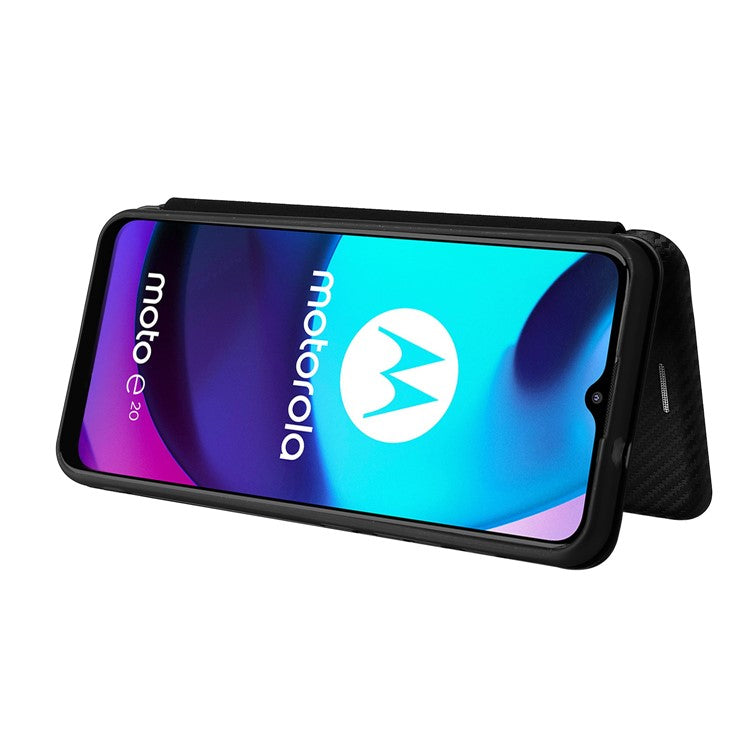 Carbon Fiber Texture PU Leather Card Holder Slot Stand Auto Closing Magnetic Case with Ring Strap for Motorola Moto E20 - Black