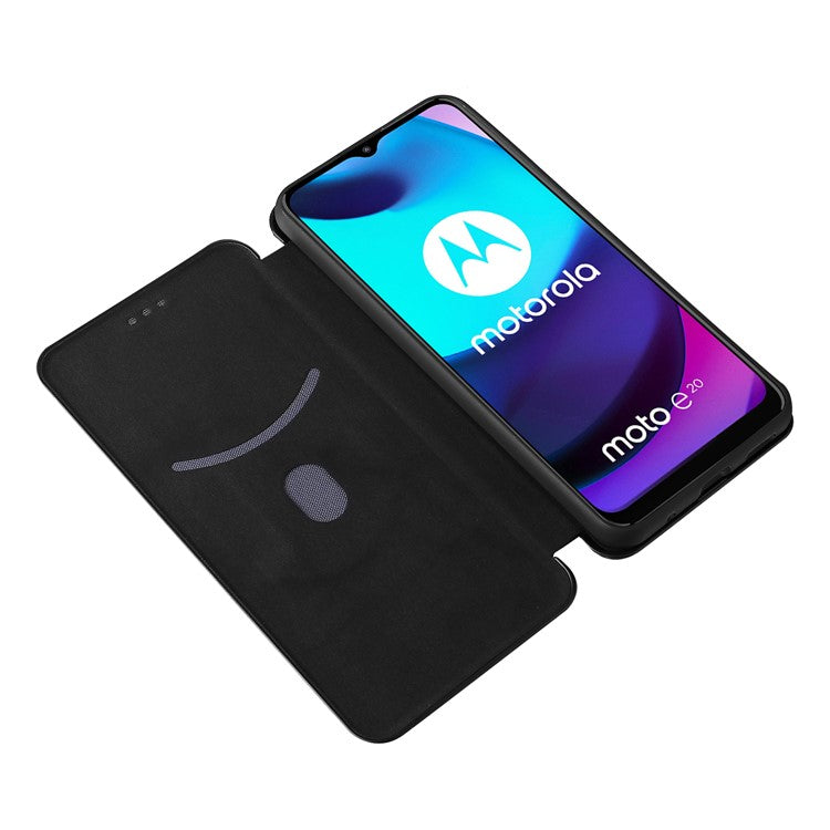 Carbon Fiber Texture PU Leather Card Holder Slot Stand Auto Closing Magnetic Case with Ring Strap for Motorola Moto E20 - Black
