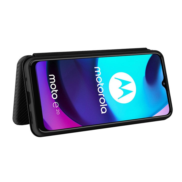 Carbon Fiber Texture PU Leather Card Holder Slot Stand Auto Closing Magnetic Case with Ring Strap for Motorola Moto E20 - Black