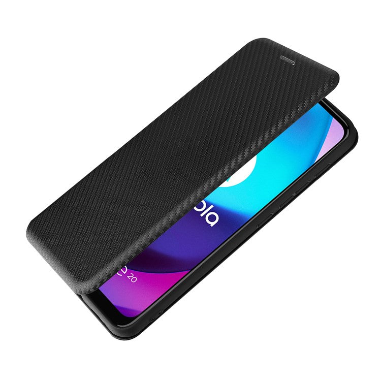 Carbon Fiber Texture PU Leather Card Holder Slot Stand Auto Closing Magnetic Case with Ring Strap for Motorola Moto E20 - Black