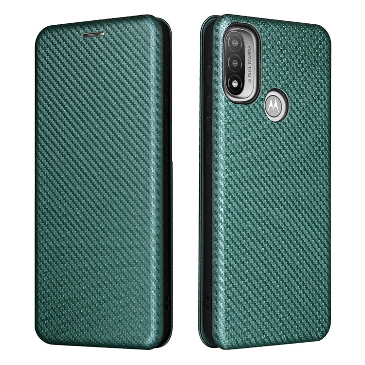 Carbon Fiber Texture PU Leather Card Holder Slot Stand Auto Closing Magnetic Case with Ring Strap for Motorola Moto E20 - Green