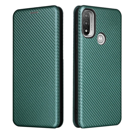 Carbon Fiber Texture PU Leather Card Holder Slot Stand Auto Closing Magnetic Case with Ring Strap for Motorola Moto E20 - Green