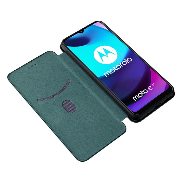 Carbon Fiber Texture PU Leather Card Holder Slot Stand Auto Closing Magnetic Case with Ring Strap for Motorola Moto E20 - Green