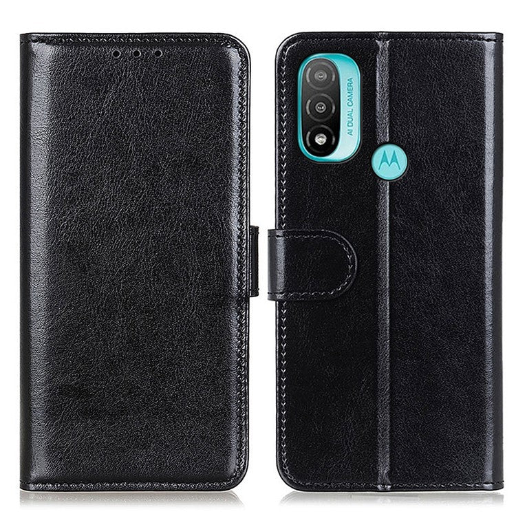 Stand Feature Crazy Horse Texture PU Leather TPU Inner Shell Flip Folio Wallet Phone Cover for Motorola Moto E20 / E30 / E40 - Black