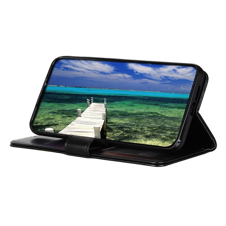 Stand Feature Crazy Horse Texture PU Leather TPU Inner Shell Flip Folio Wallet Phone Cover for Motorola Moto E20 / E30 / E40 - Black