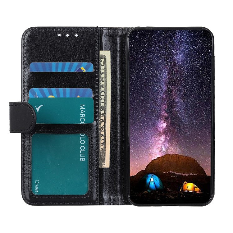 Stand Feature Crazy Horse Texture PU Leather TPU Inner Shell Flip Folio Wallet Phone Cover for Motorola Moto E20 / E30 / E40 - Black