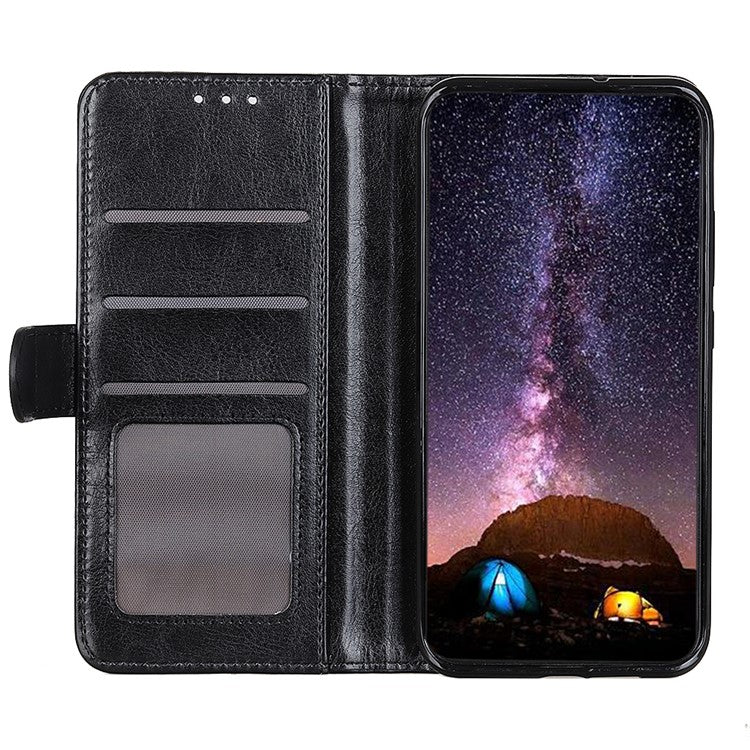 Stand Feature Crazy Horse Texture PU Leather TPU Inner Shell Flip Folio Wallet Phone Cover for Motorola Moto E20 / E30 / E40 - Black