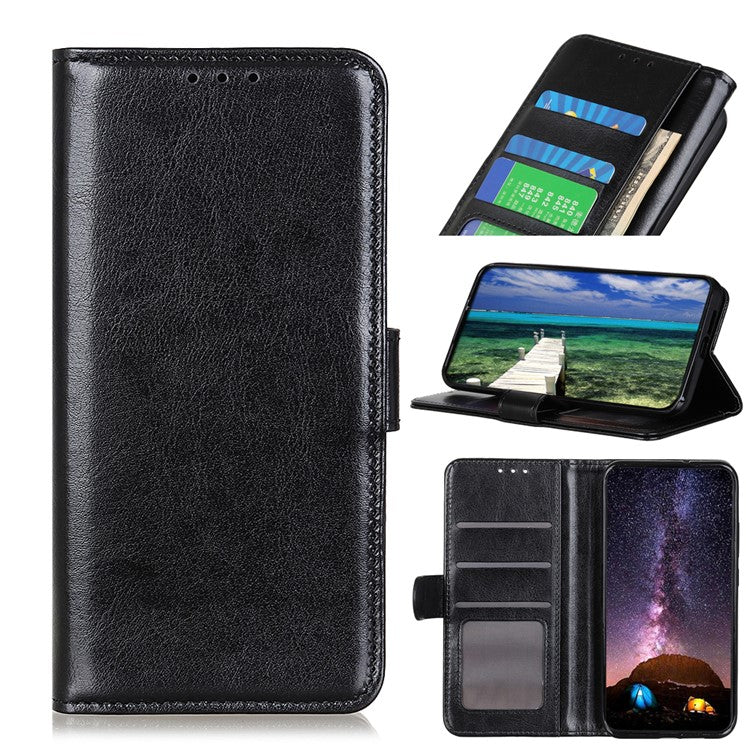 Stand Feature Crazy Horse Texture PU Leather TPU Inner Shell Flip Folio Wallet Phone Cover for Motorola Moto E20 / E30 / E40 - Black