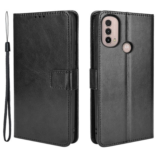 Crazy Horse Texture PU Leather Wallet Flip Folio Stand Phone Cover Magnetic Anti-Scratch Case with Wrist Strap for Motorola Moto E20/E30/E40 - Black