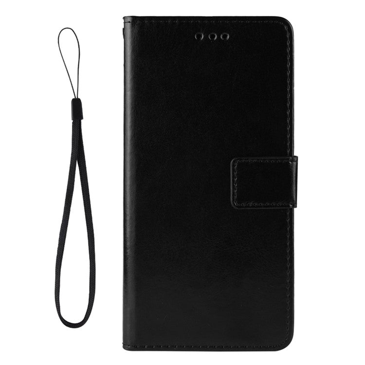 Crazy Horse Texture PU Leather Wallet Flip Folio Stand Phone Cover Magnetic Anti-Scratch Case with Wrist Strap for Motorola Moto E20/E30/E40 - Black