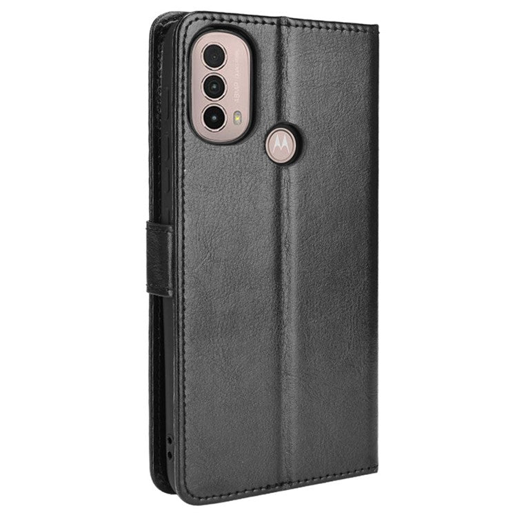 Crazy Horse Texture PU Leather Wallet Flip Folio Stand Phone Cover Magnetic Anti-Scratch Case with Wrist Strap for Motorola Moto E20/E30/E40 - Black
