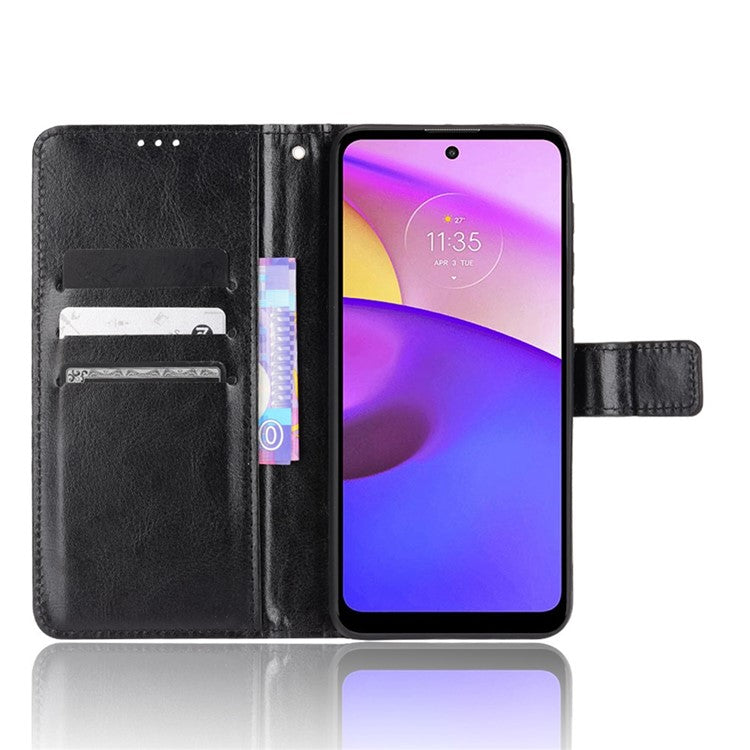 Crazy Horse Texture PU Leather Wallet Flip Folio Stand Phone Cover Magnetic Anti-Scratch Case with Wrist Strap for Motorola Moto E20/E30/E40 - Black