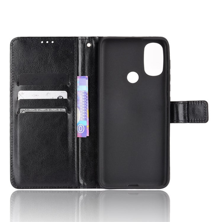 Crazy Horse Texture PU Leather Wallet Flip Folio Stand Phone Cover Magnetic Anti-Scratch Case with Wrist Strap for Motorola Moto E20/E30/E40 - Black