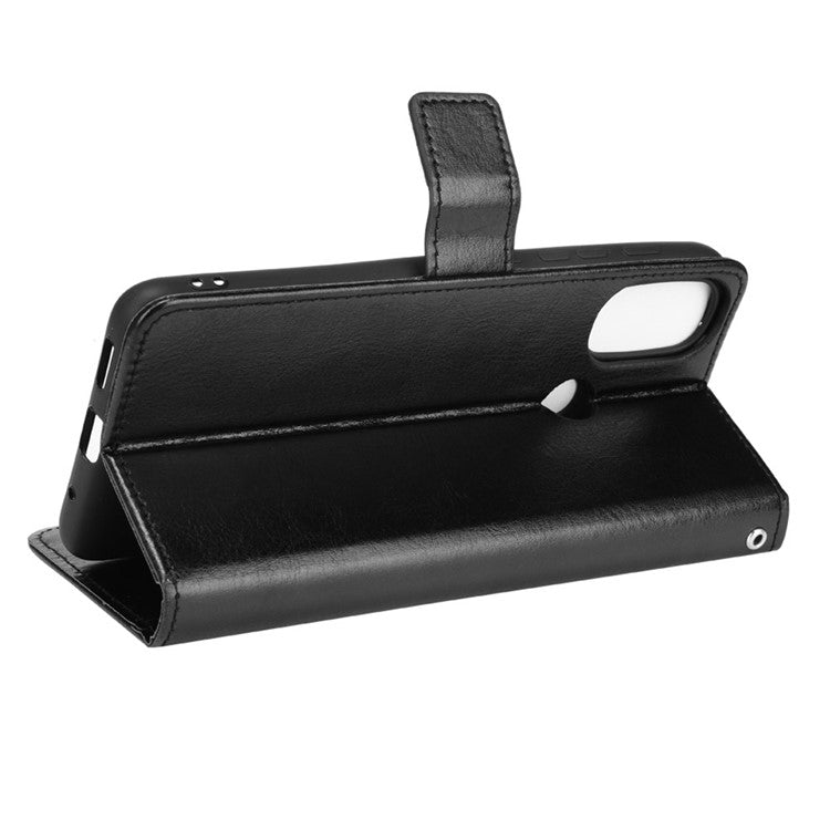 Crazy Horse Texture PU Leather Wallet Flip Folio Stand Phone Cover Magnetic Anti-Scratch Case with Wrist Strap for Motorola Moto E20/E30/E40 - Black